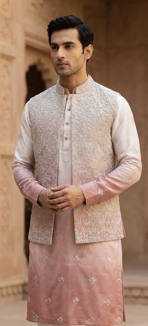 Peach & Ivory Ombre Nehru Jacket Set