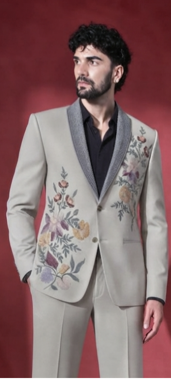 Beige Floral Embroidered Tuxedo