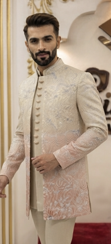 Premium Cream and Peach Ombré Embroidered Indo-Western Set