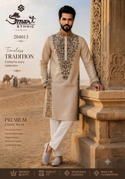 Beige Embroidered Silk Kurta Set