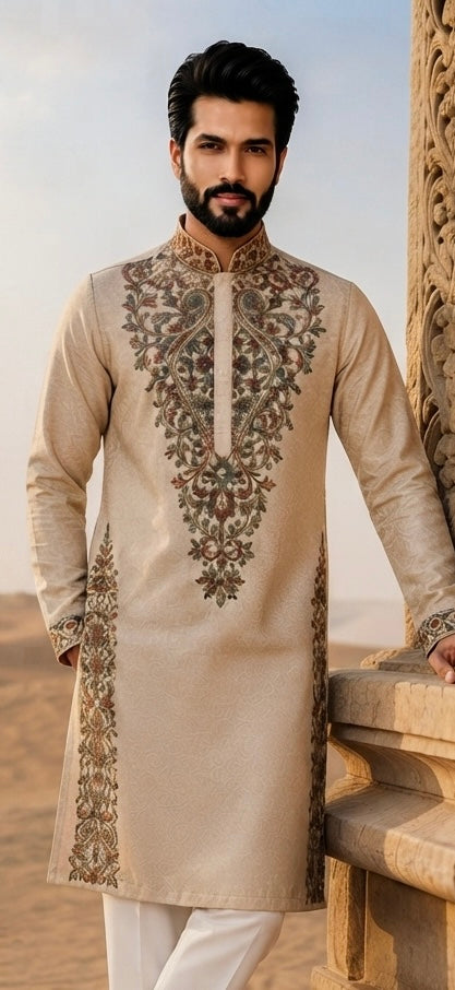 Beige Embroidered Silk Kurta Set