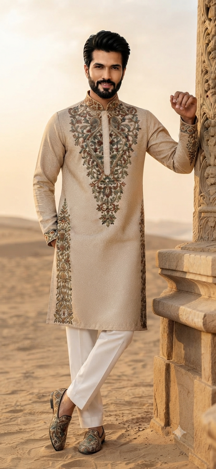 Beige Embroidered Silk Kurta Set