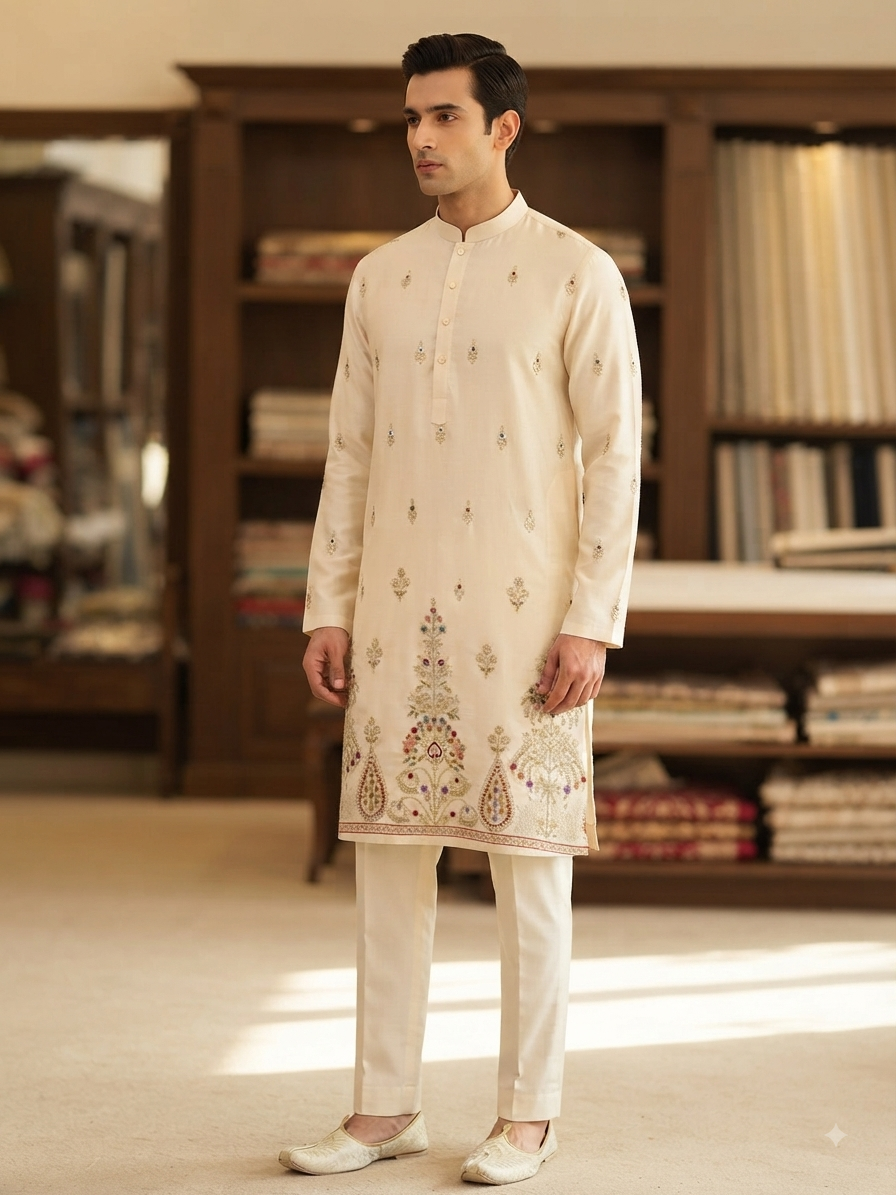 Ivory Embroidered Men's Kurta Set