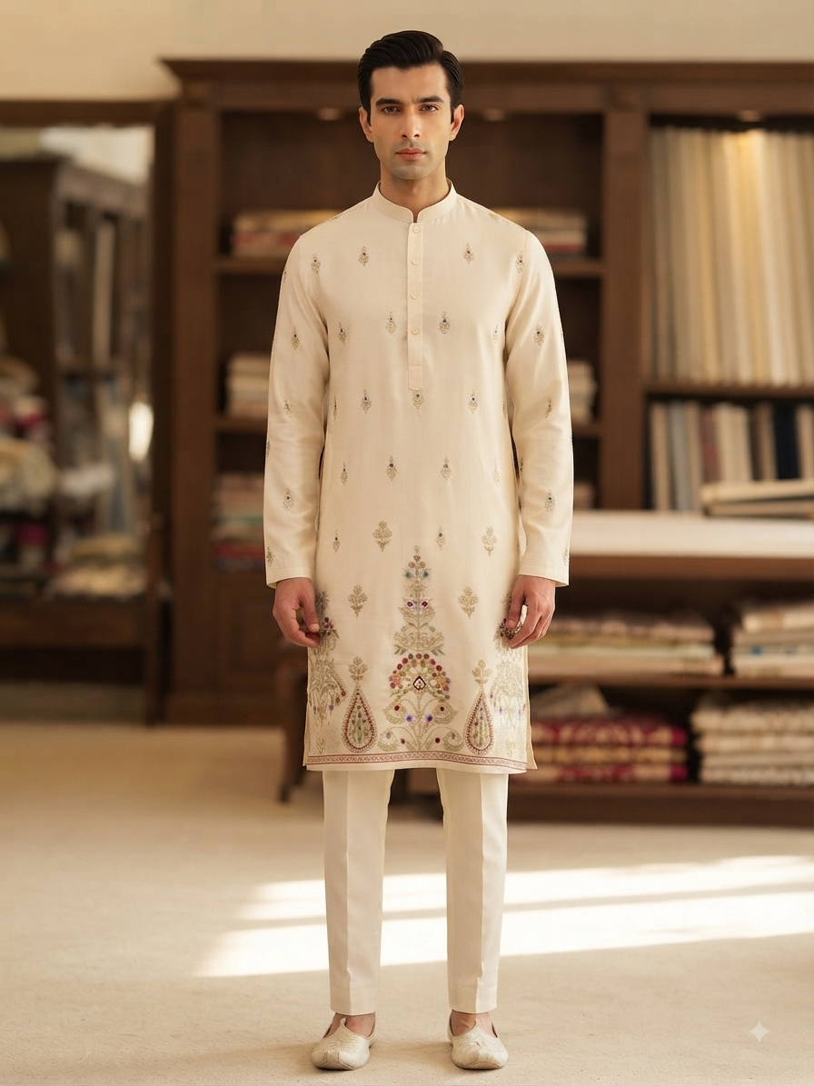 Ivory Embroidered Men's Kurta Set