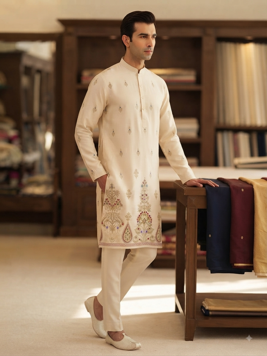 Ivory Embroidered Men's Kurta Set