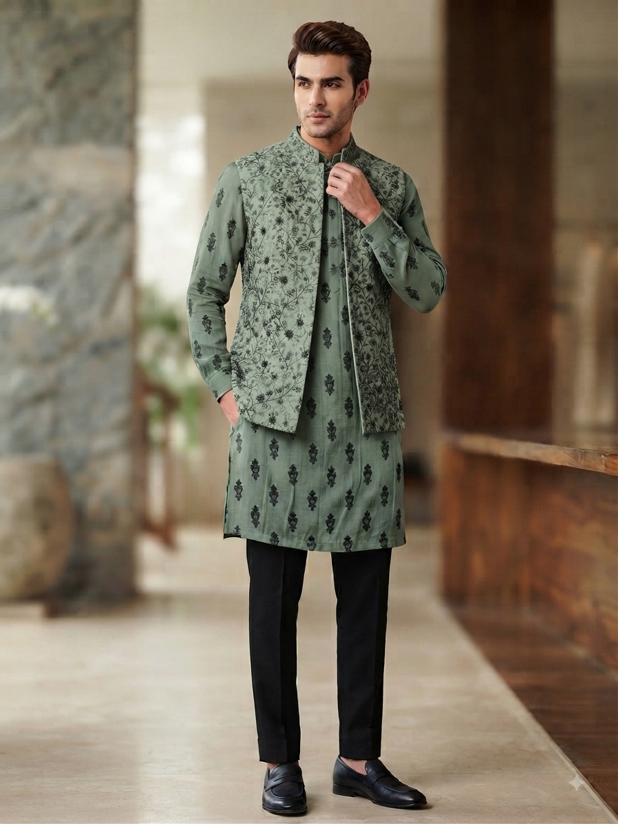 Sage Green  Kurta Set with Matching Bandhgala Nehru Jacket