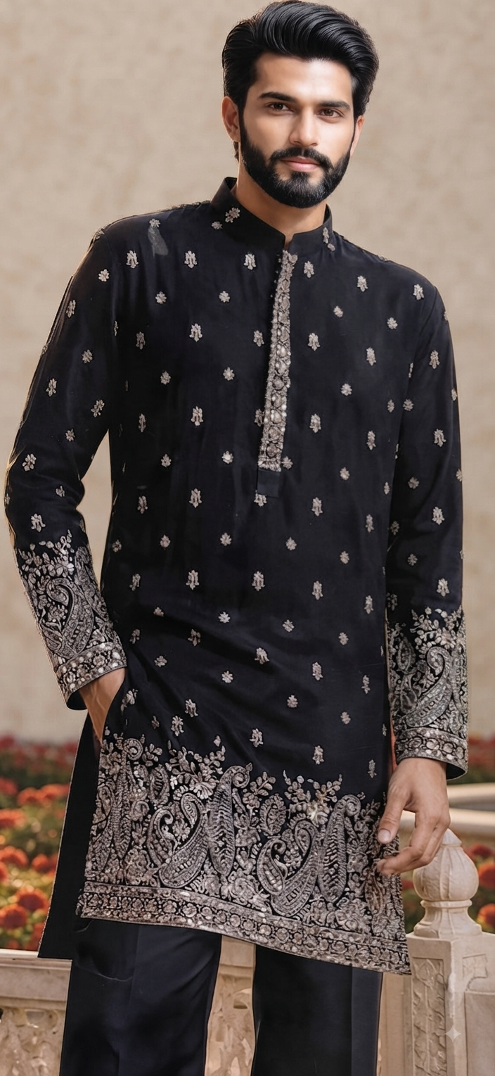 Black Embroidered Silk Kurta