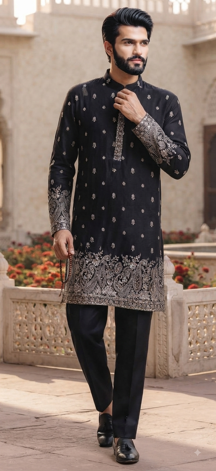 Black Embroidered Silk Kurta