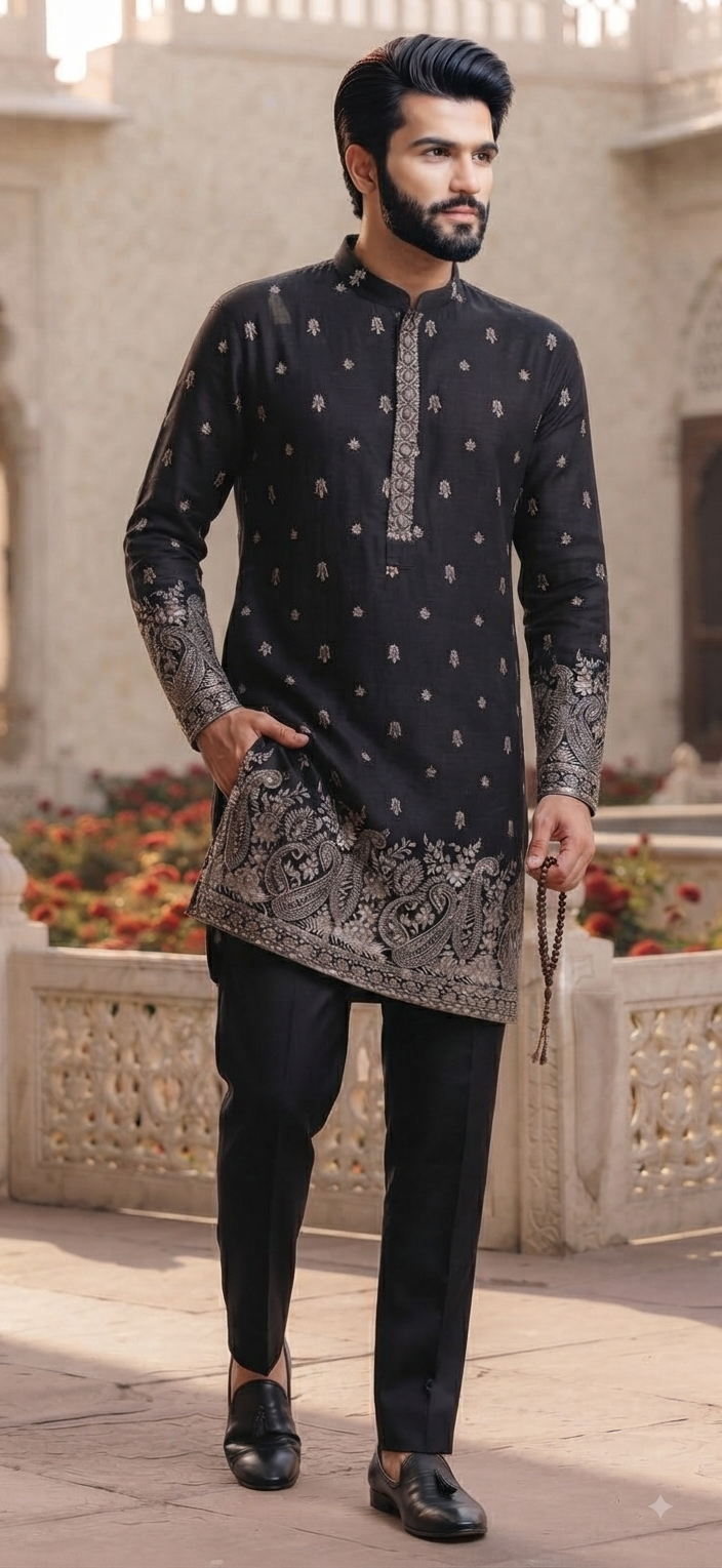 Black Embroidered Silk Kurta