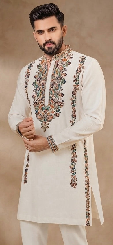 Embroidered Off-White Kurta Set