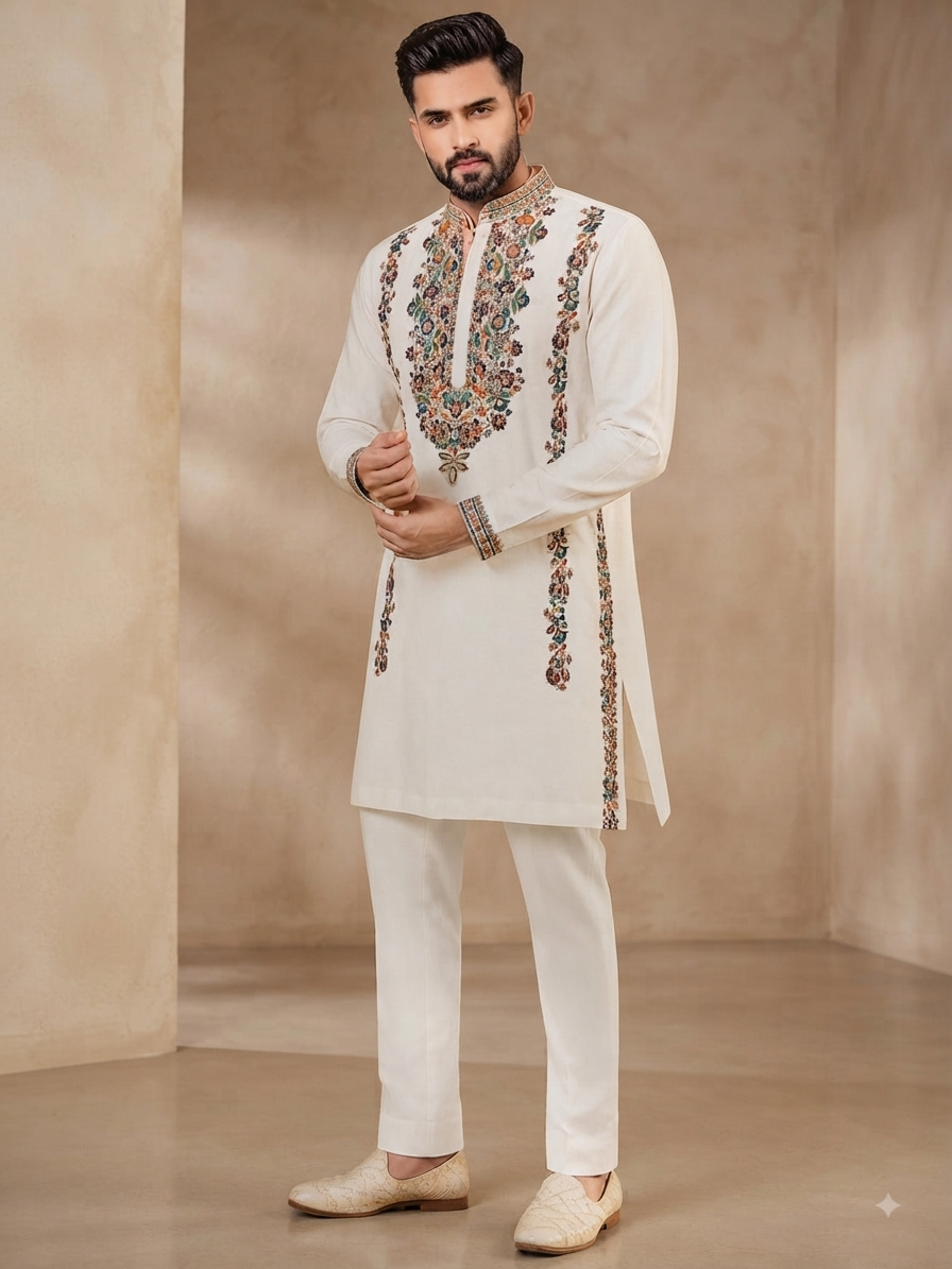 Embroidered Off-White Kurta Set