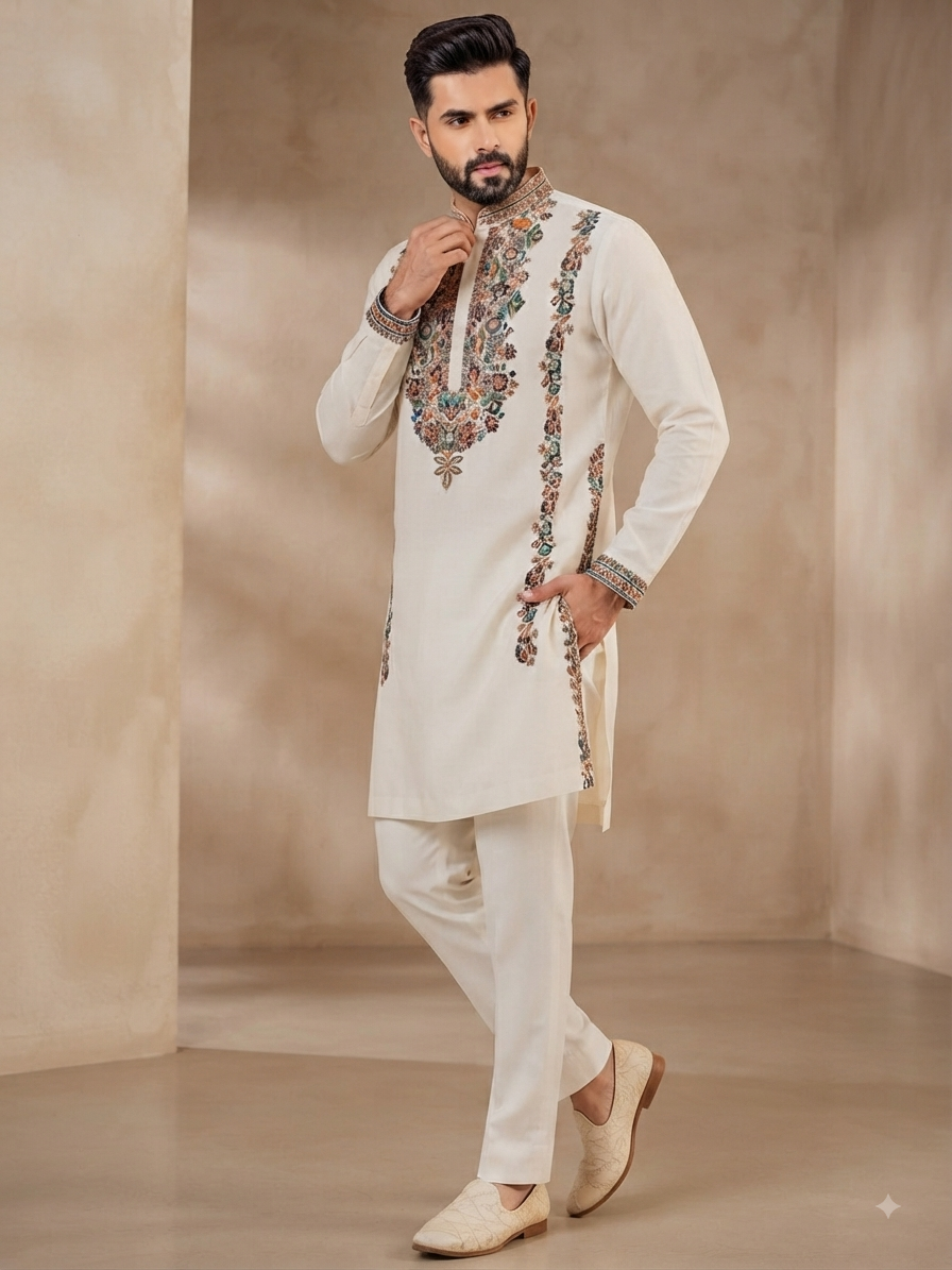 Embroidered Off-White Kurta Set