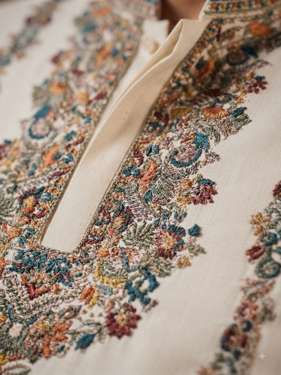 Embroidered Off-White Kurta Set