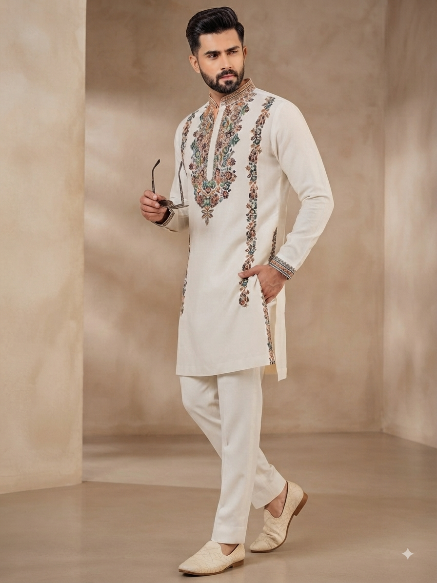 Embroidered Off-White Kurta Set
