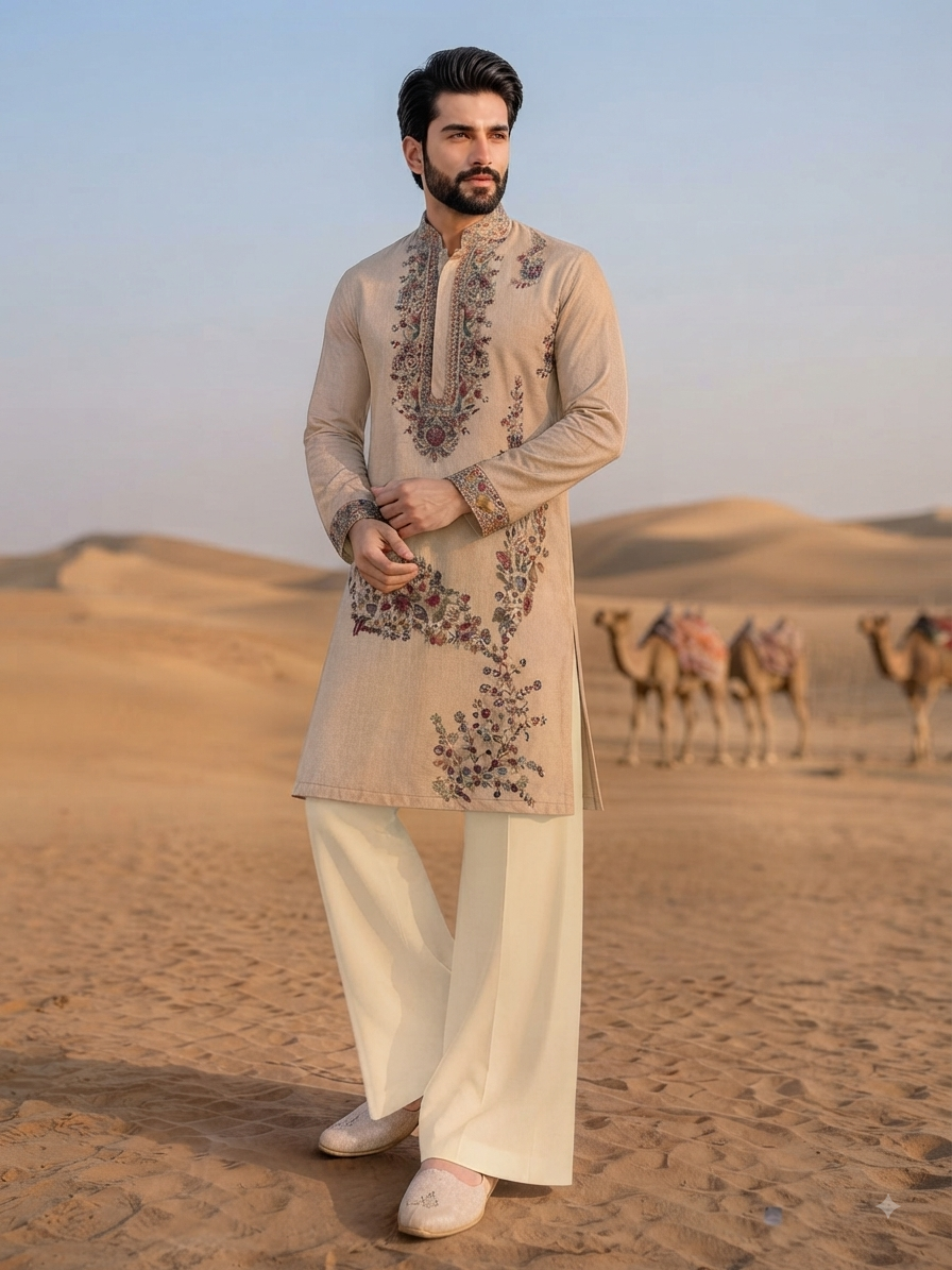Embroidered Beige Kurta Set