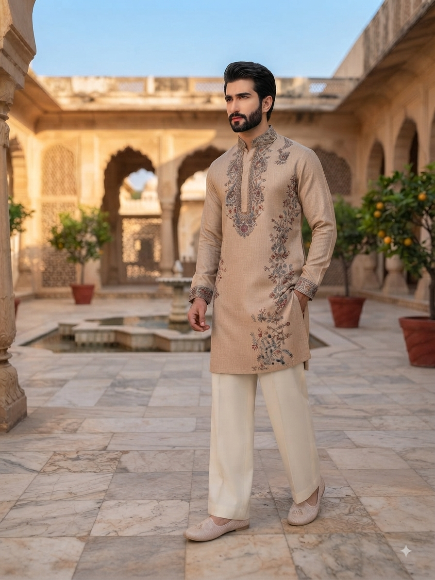 Embroidered Beige Kurta Set