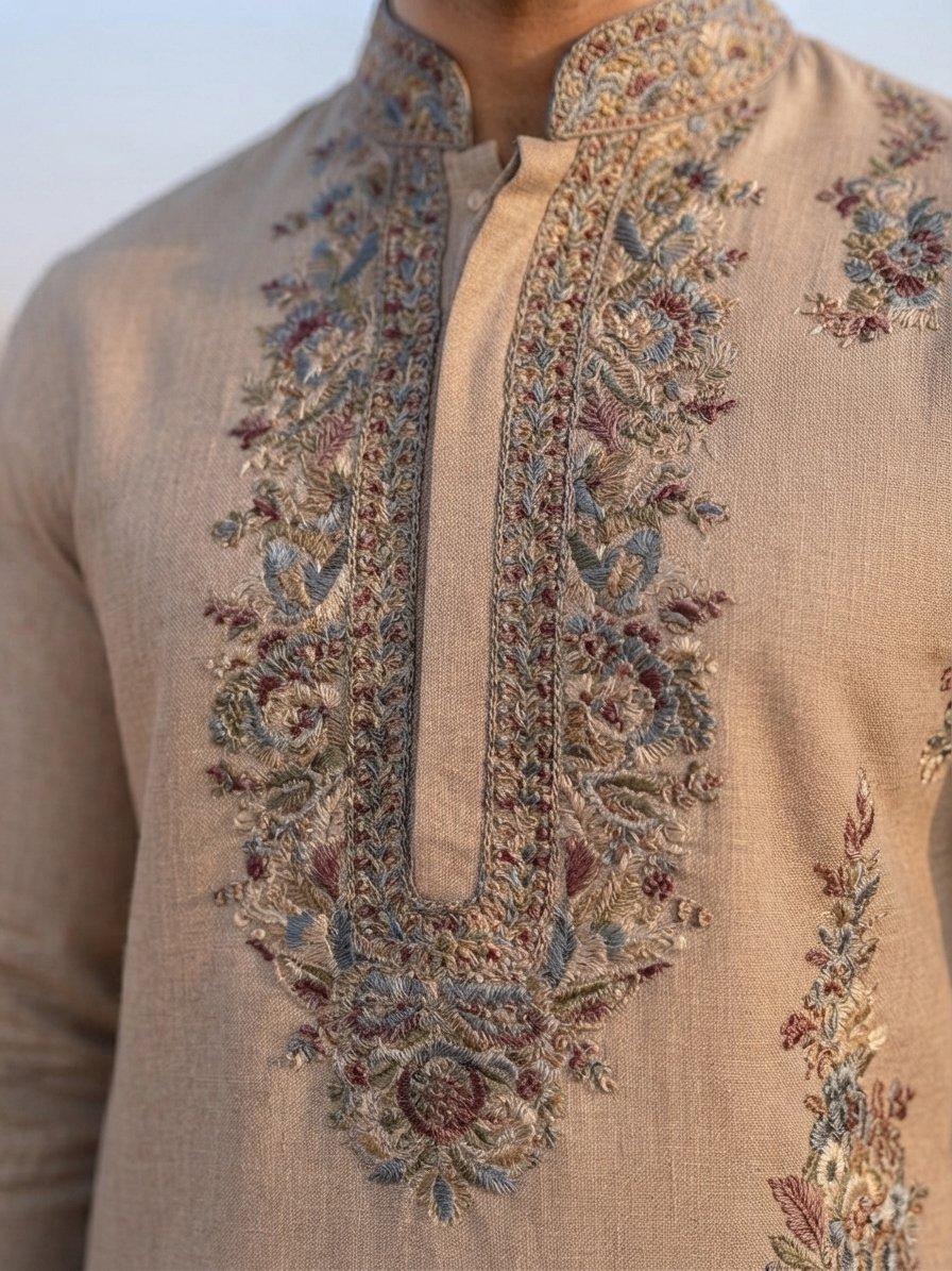 Embroidered Beige Kurta Set