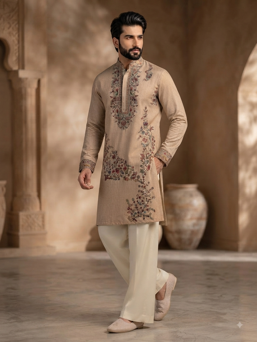 Embroidered Beige Kurta Set