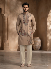 Embroidered Beige Kurta Set