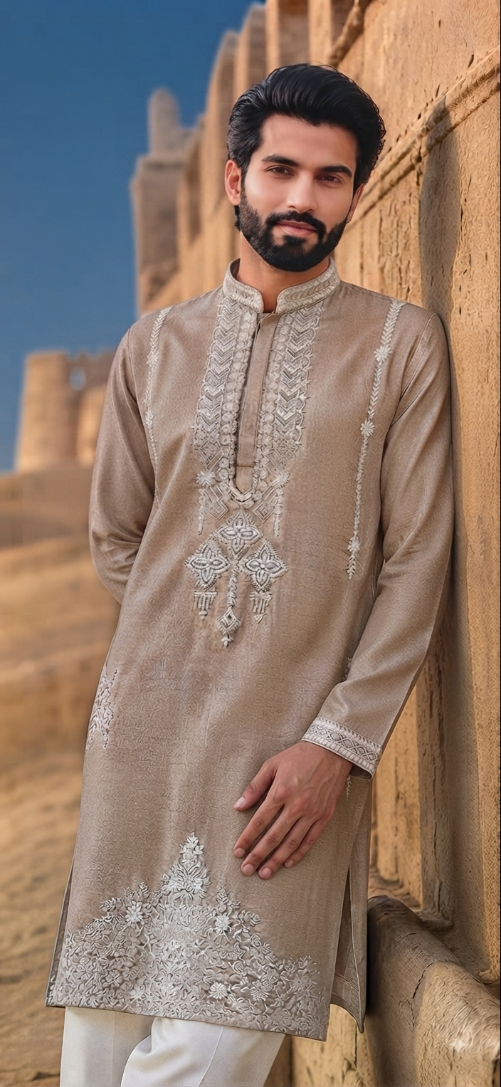 Beige Embroidered Kurta set