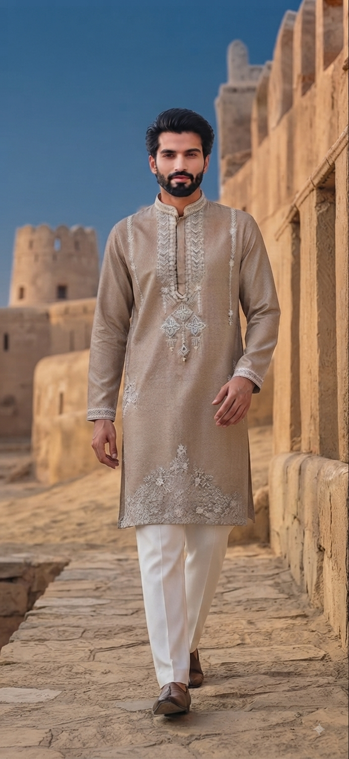 Beige Embroidered Kurta set