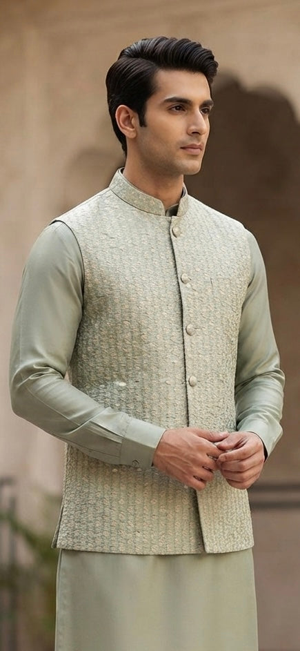 Sage Green Silk Kurta & Textured Nehru Jacket Set