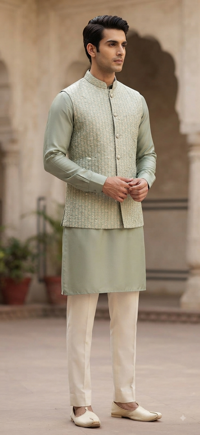 Sage Green Silk Kurta & Textured Nehru Jacket Set