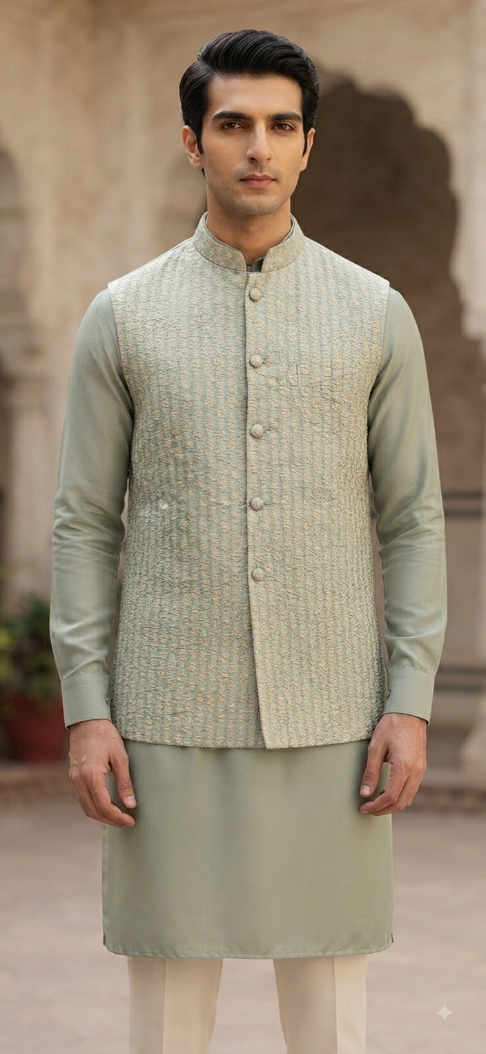Sage Green Silk Kurta & Textured Nehru Jacket Set