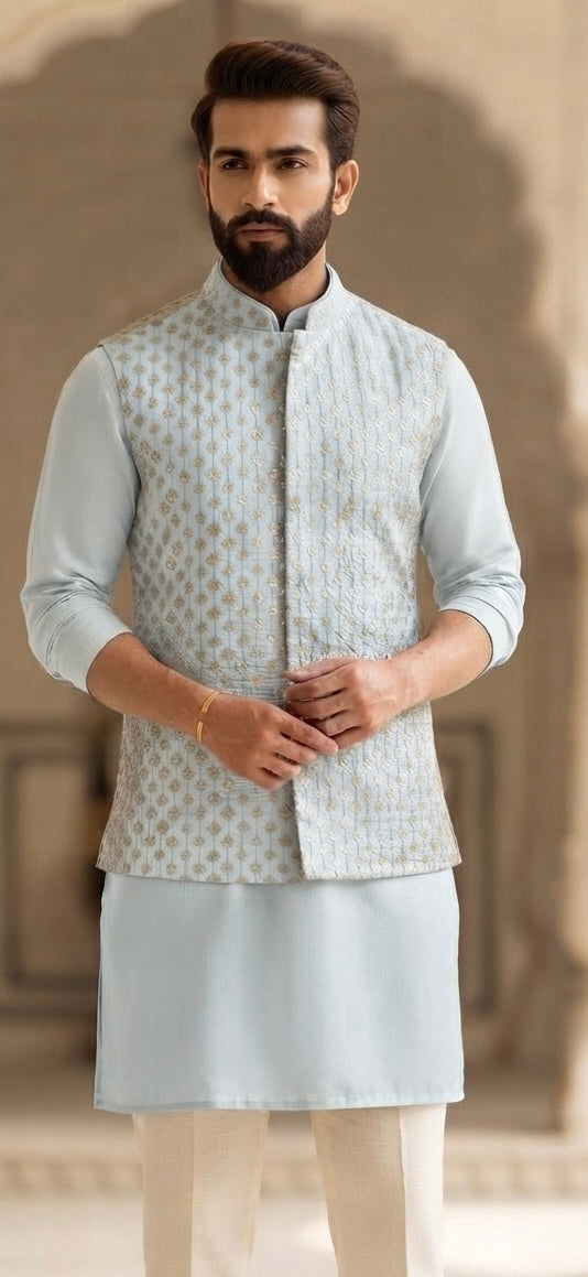 Sky Blue Embroidered Nehru Jacket and Kurta Set