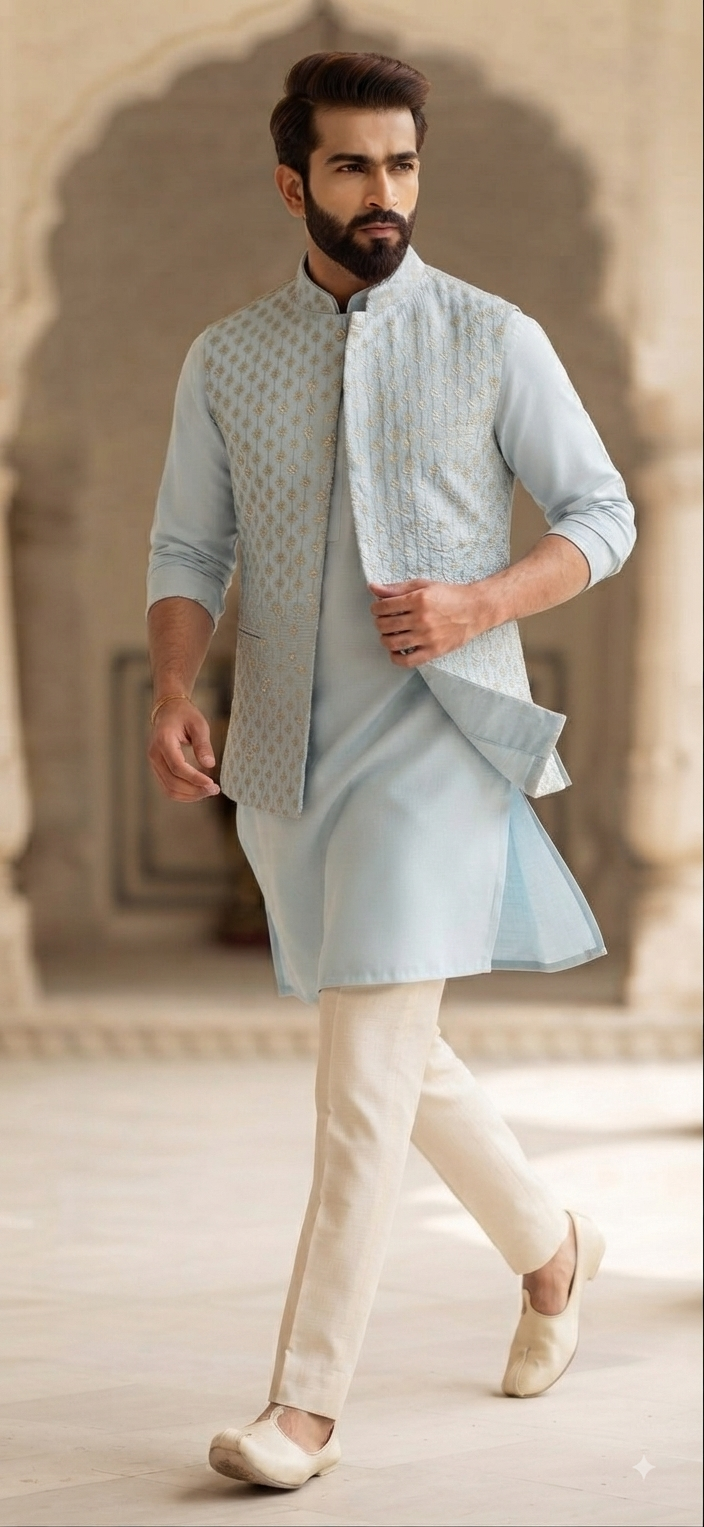 Sky Blue Embroidered Nehru Jacket and Kurta Set