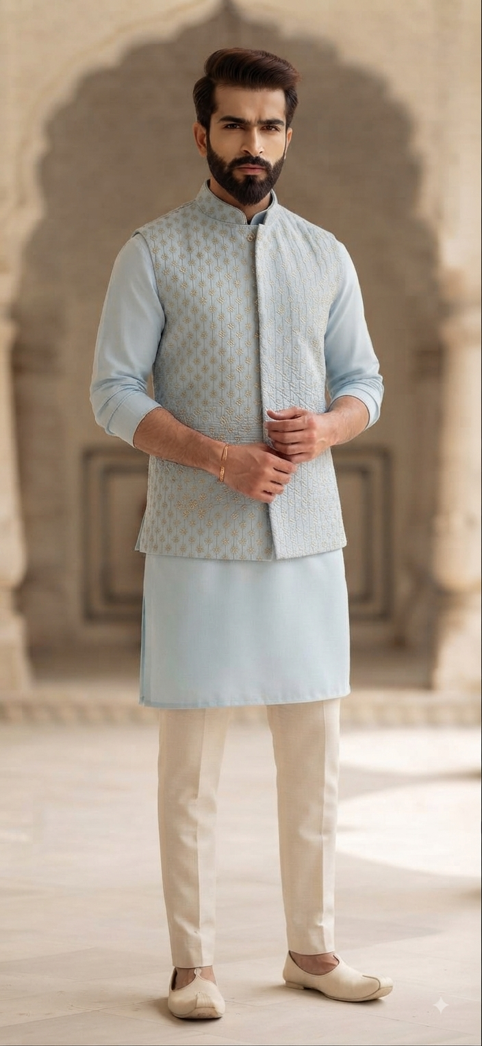 Sky Blue Embroidered Nehru Jacket and Kurta Set