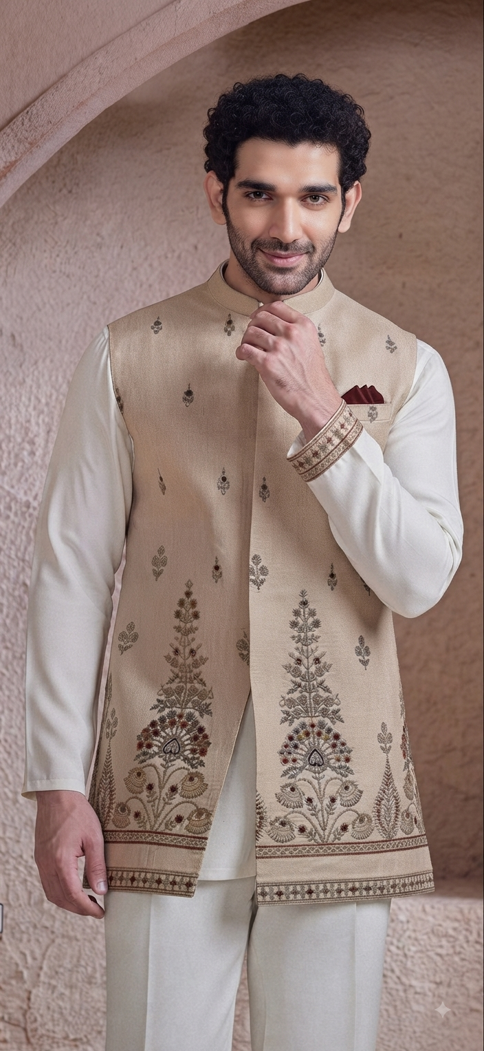 Beige Embroidered Nehru Jacket with Kurta and Trousers Set