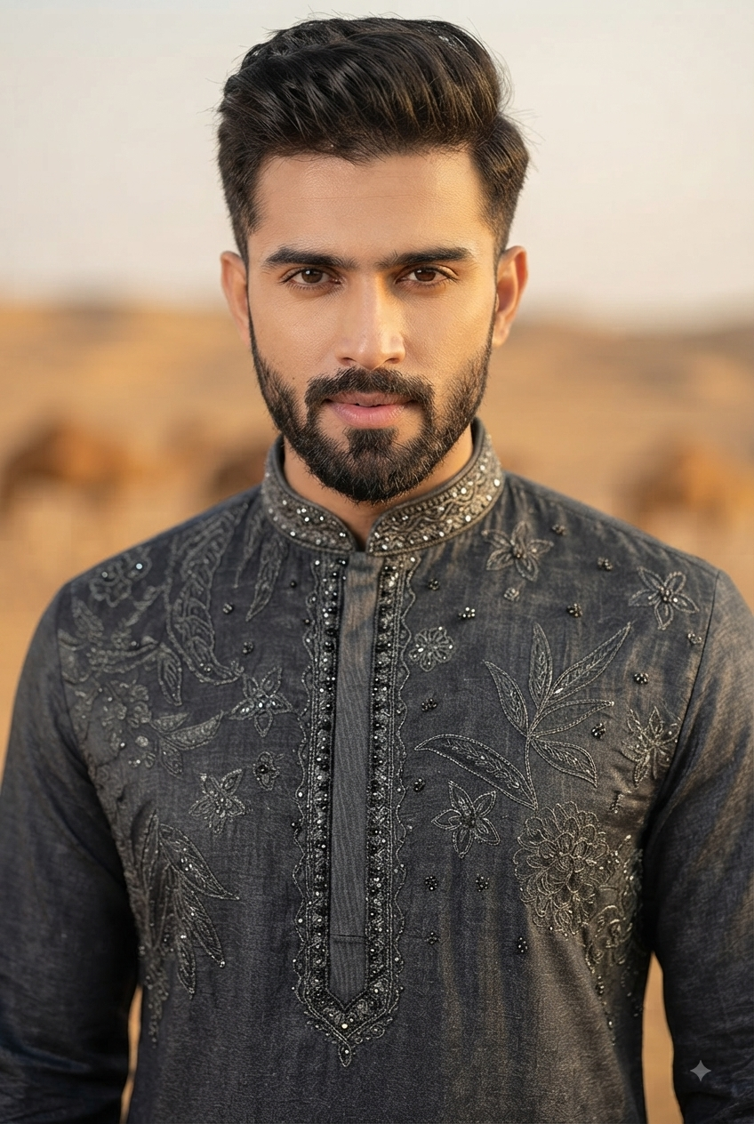 Charcoal Grey Embroidered Kurta Set