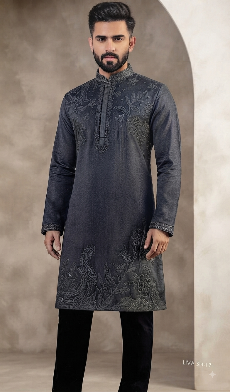 Charcoal Grey Embroidered Kurta Set