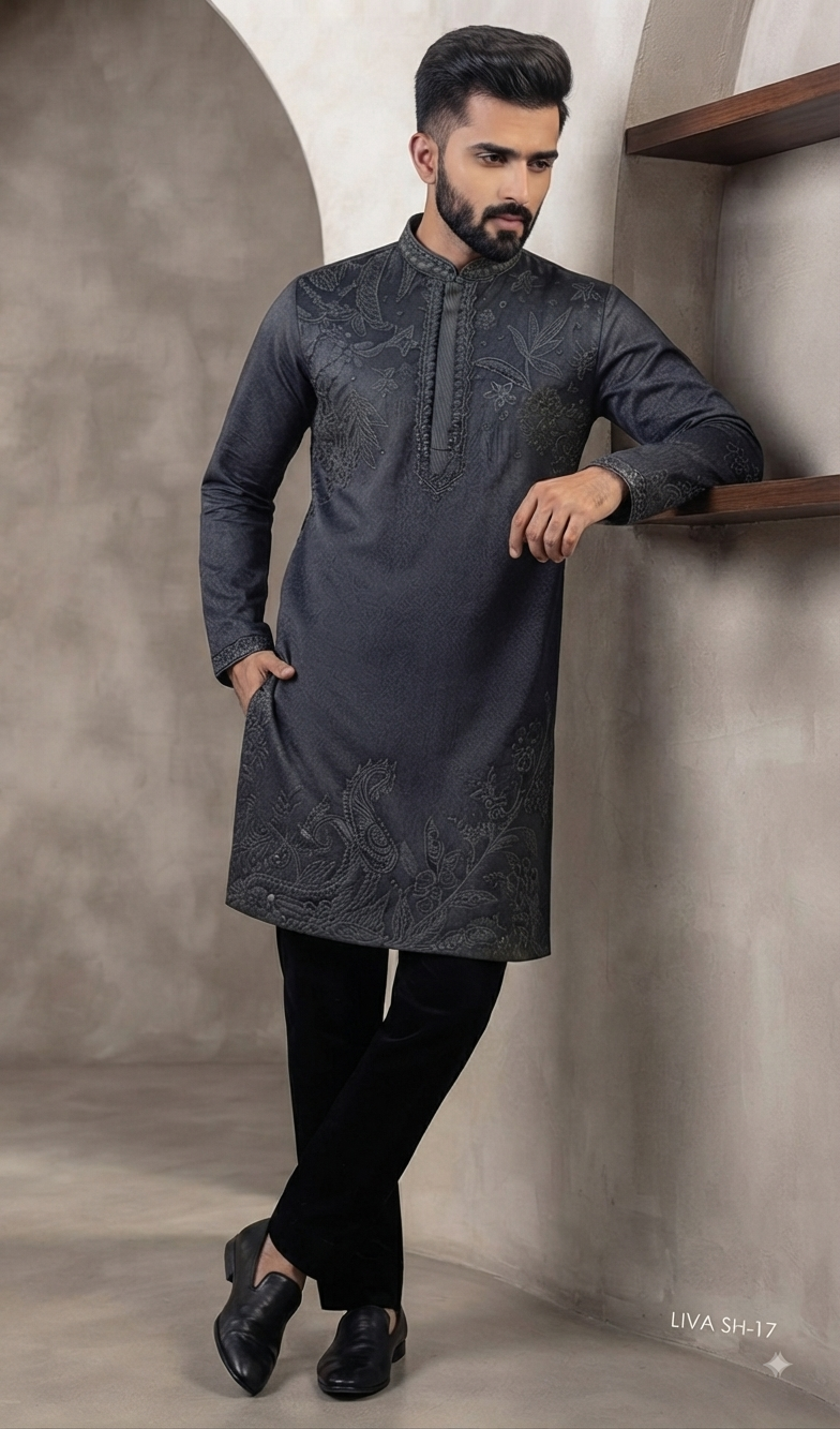 Charcoal Grey Embroidered Kurta Set