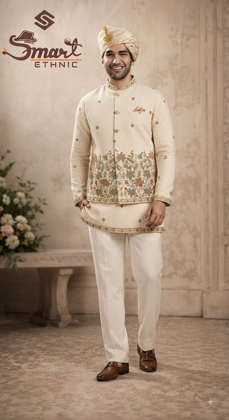 Ivory Floral Embroidered Jacket and Kurta Set