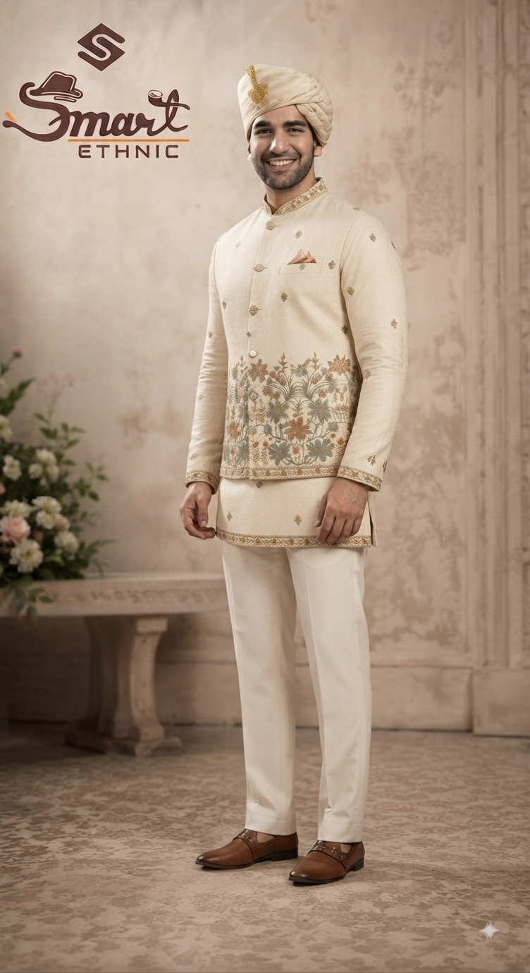 Ivory Floral Embroidered Jacket and Kurta Set