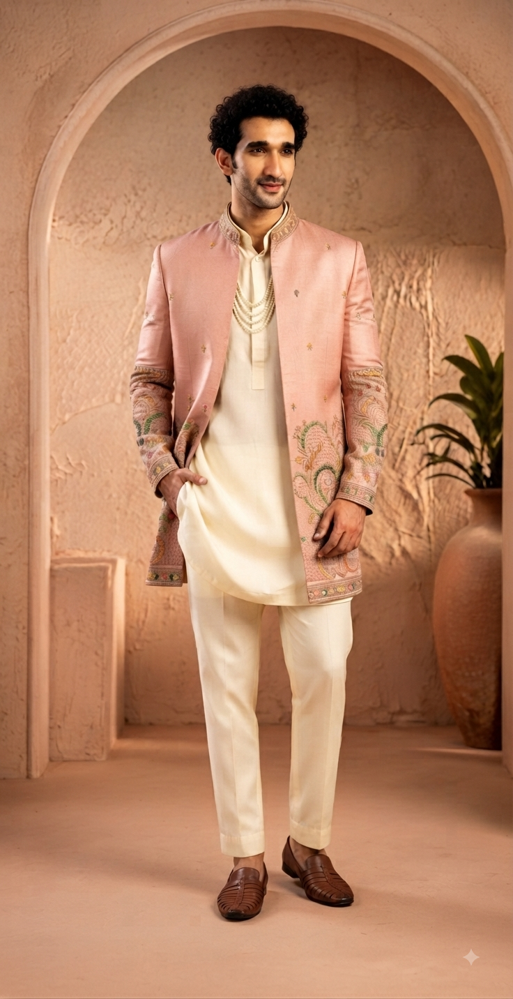 Pastel Pink Embroidered Indo-Western Sherwani Set