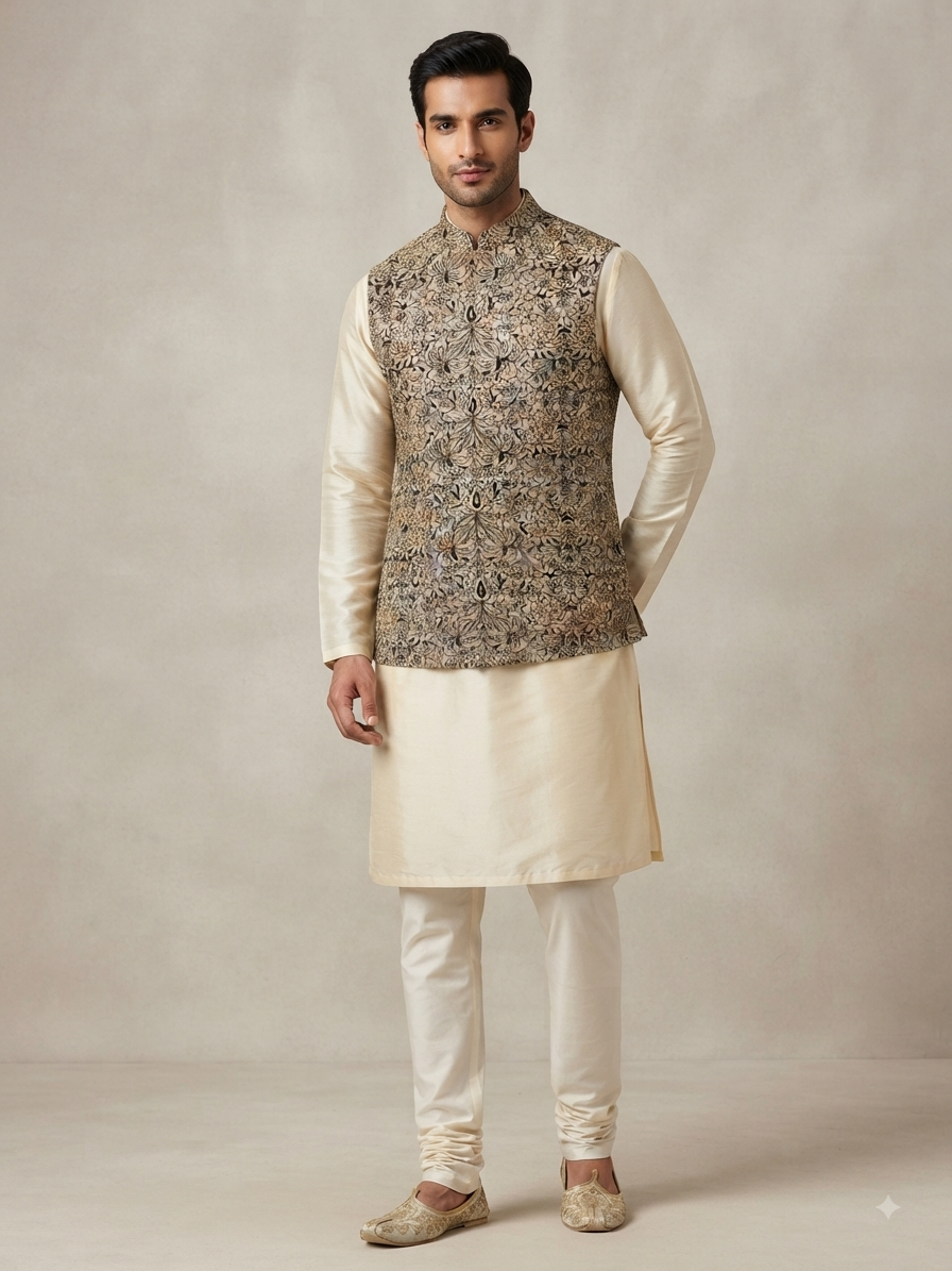 Silk Kurta & Embellished Nehru Jacket Set