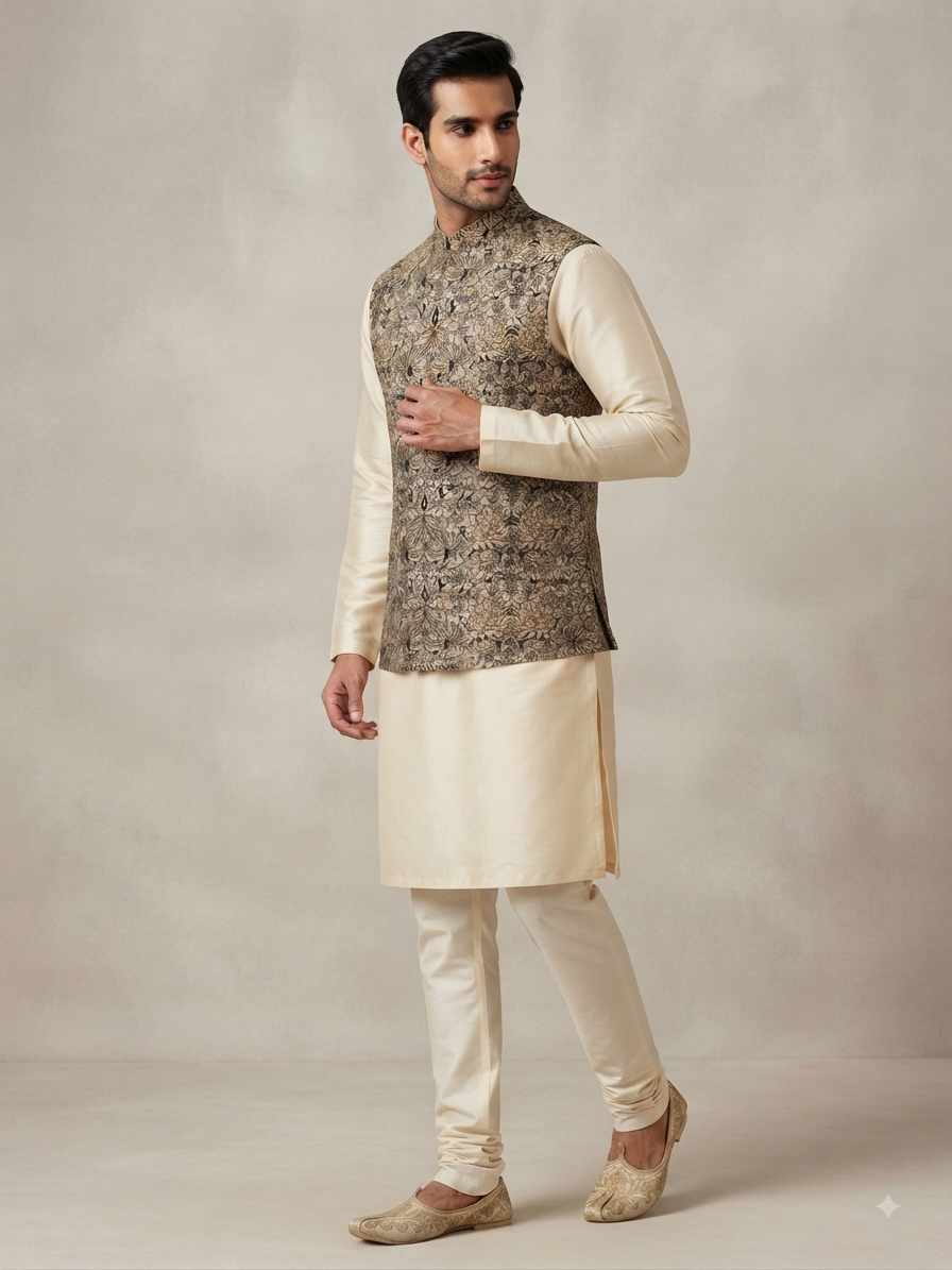 Silk Kurta & Embellished Nehru Jacket Set