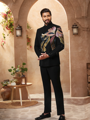 Black Botanical Embroidered Bandhgala Suit