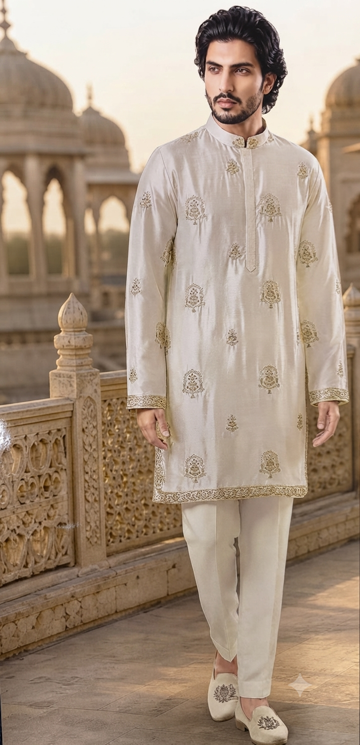 Ivory Silk Embroidered Kurta Set
