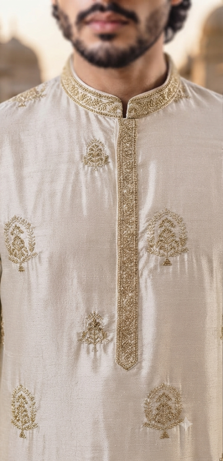 Ivory Silk Embroidered Kurta Set