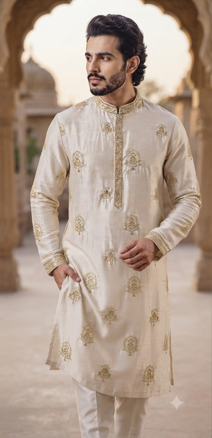 Ivory Silk Embroidered Kurta Set