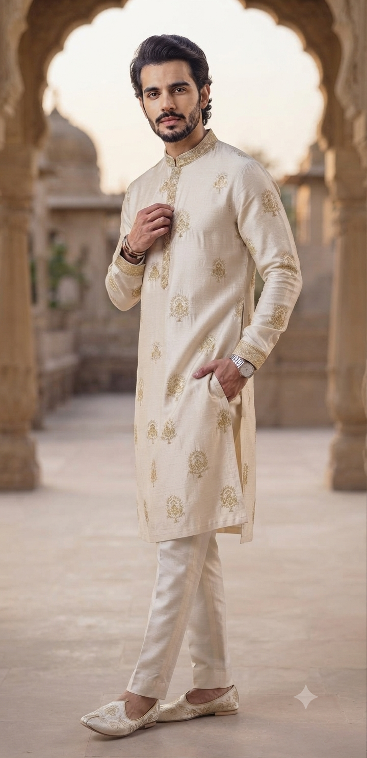 Ivory Silk Embroidered Kurta Set