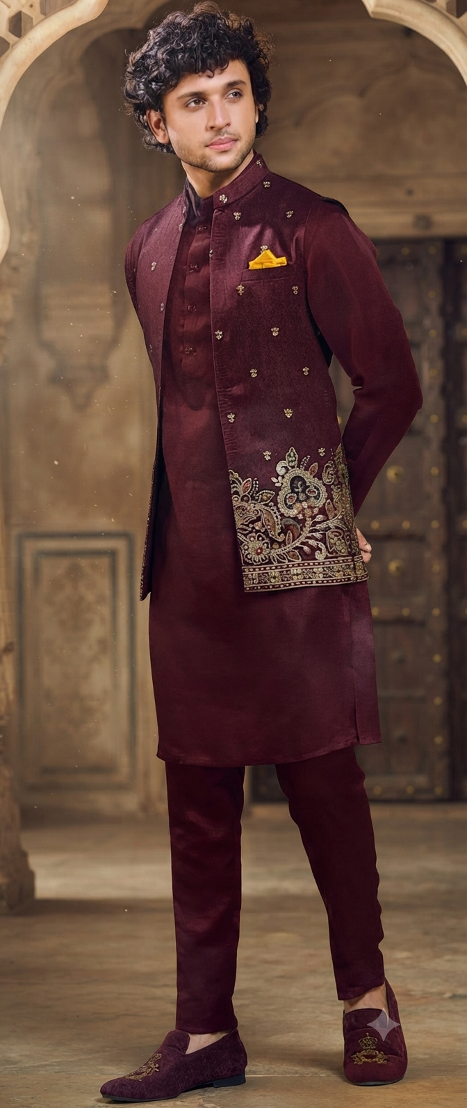 Maroon Kurta & Nehru Jacket Set