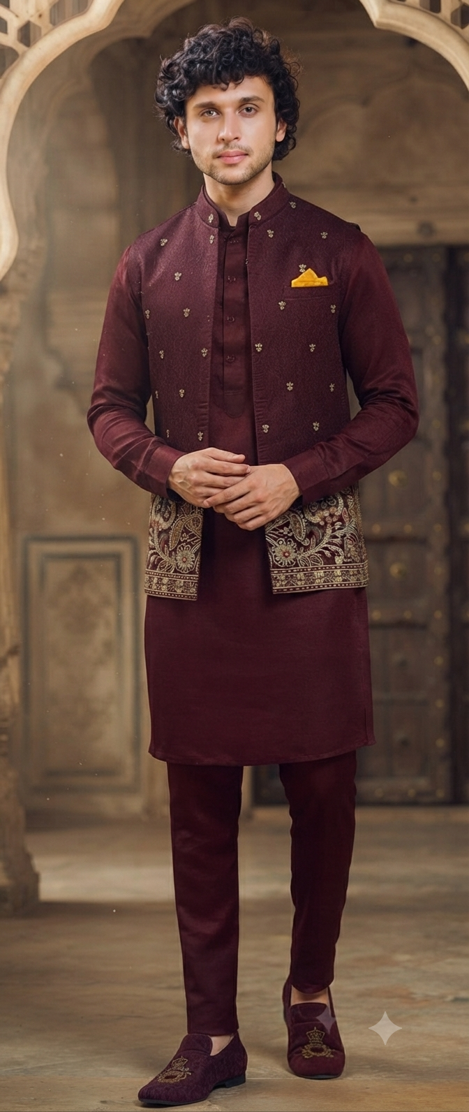 Maroon Kurta & Nehru Jacket Set
