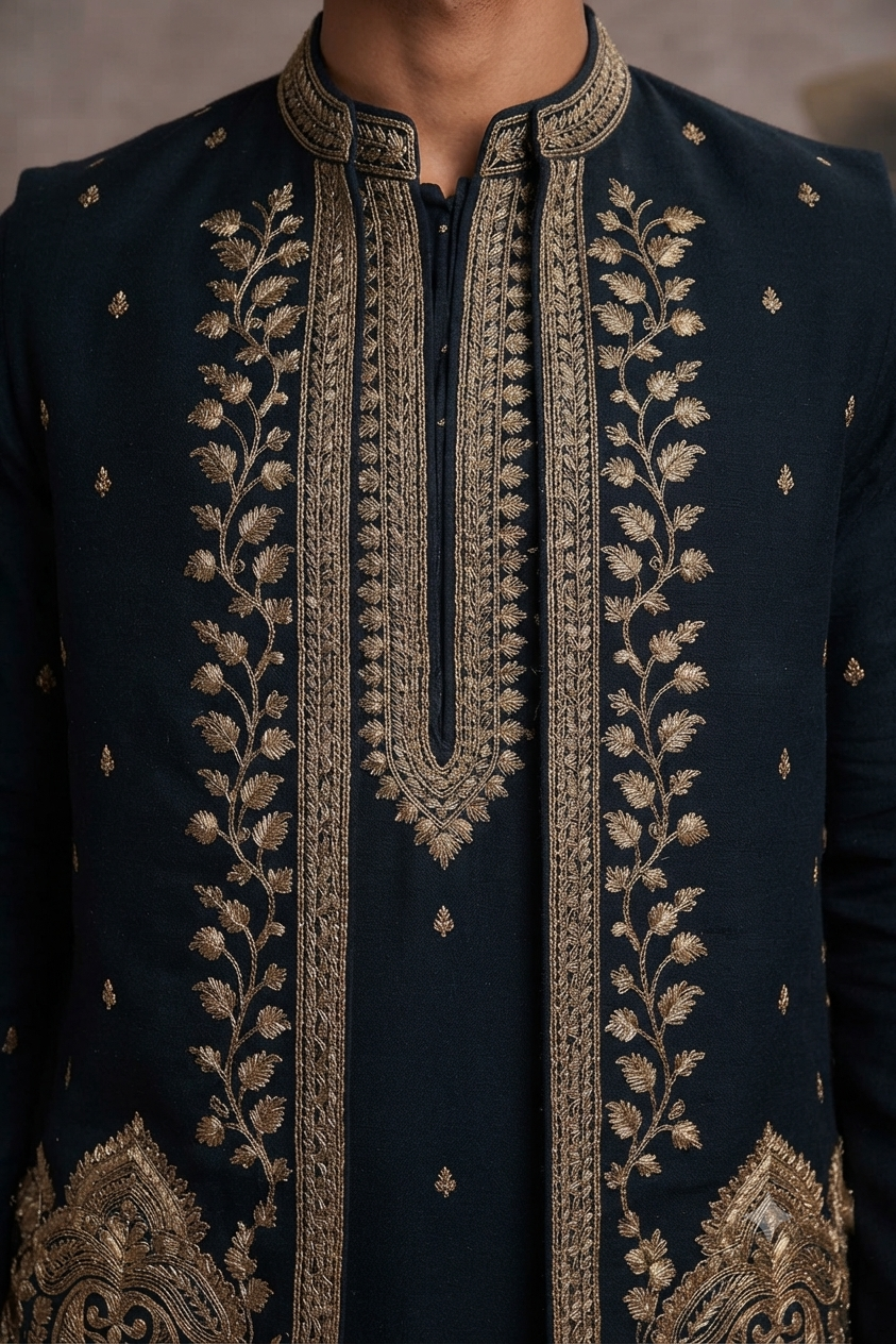 Dark Olive Geen with Gold Embroidery Jacket,kurta set