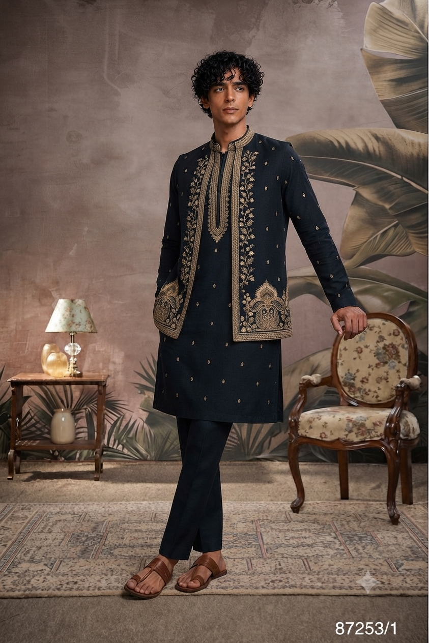 Dark Olive Geen with Gold Embroidery Jacket,kurta set
