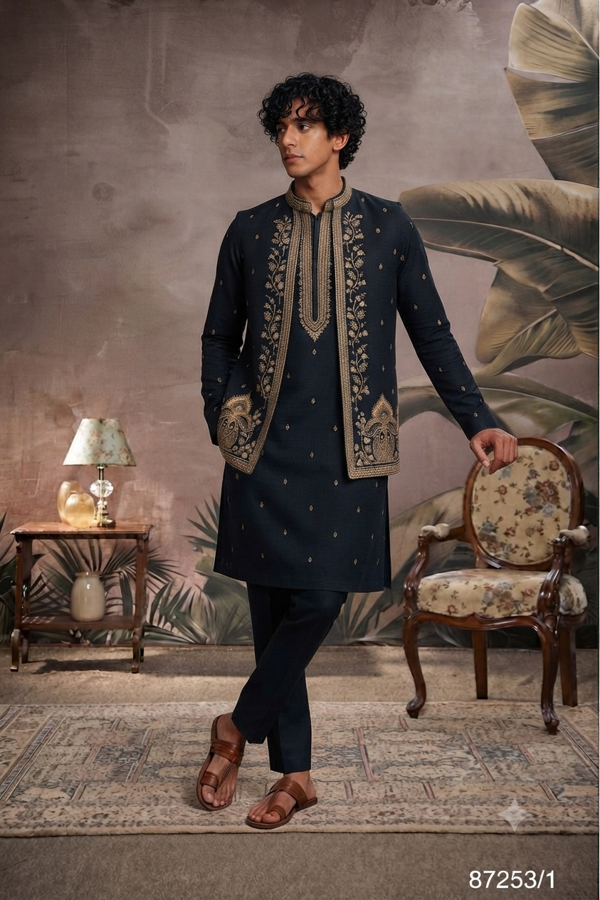 Dark Olive Geen with Gold Embroidery Jacket,kurta set